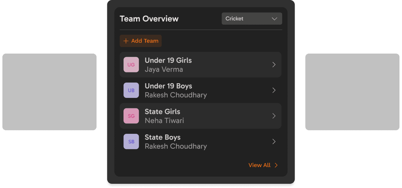 Coach team overview with Under 19 Girls, Under 19 Boys, State Girls and State Boys