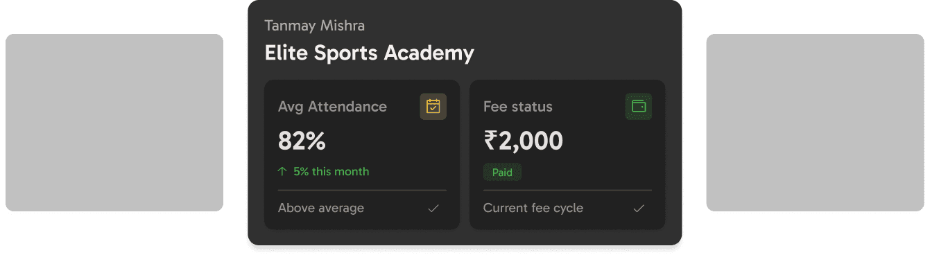 Player dashboard showing average attendance 82% and fee status paid