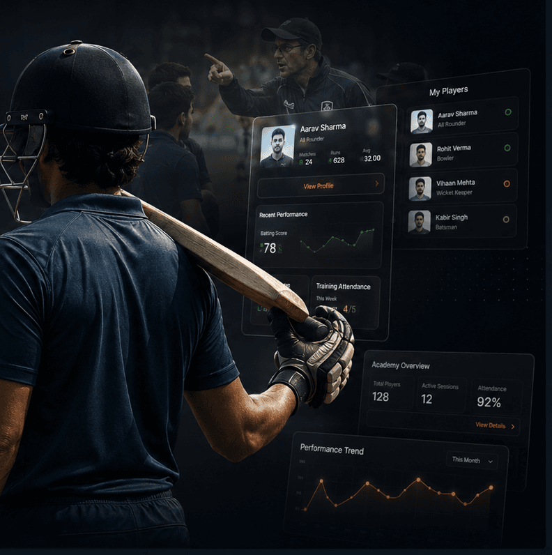 Cricketer with PlayerWalk app dashboards